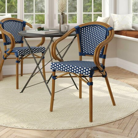FLASH FURNITURE Bordeaux French Bistro Stacking Chair w/Arms, Navy and White PE Rattan and Bamboo Print Alum Frame SDA-ADS642142-NVYWH-NAT-GG